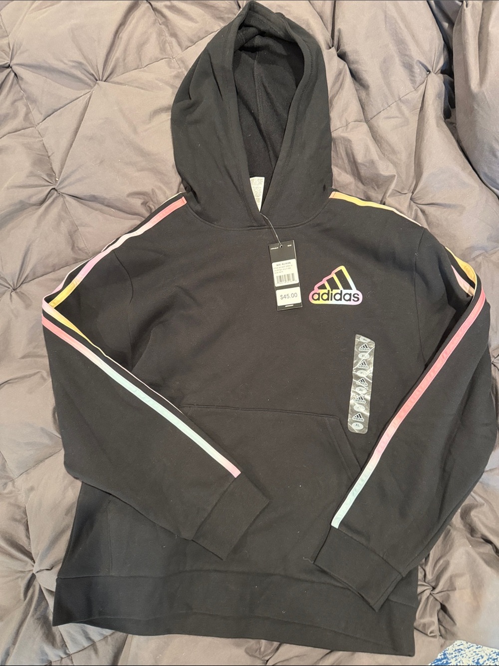 adidas Black Kids Hoodie with Pastel Stripe Trim NWT